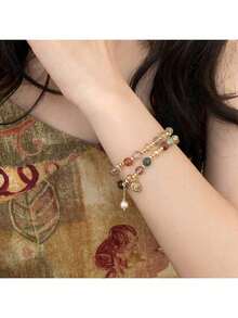 1 chiếc vòng tay đính hạt pha lê và ngọc trai hai lớp thời trang quyến rũ, trang sức thiết kế nhiều lớp cổ điển tinh tế, màu sắc ngẫu nhiên - Nhiều màu - Xem 6