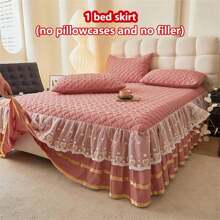 1pc Quilted Bed Skirt With Heart Design (1pc Bed Skirt, No Pillowcase), Decorated With Heart & Bow Lace Trim, Fashionable & Elegant, Moisture-Wicking, Wrinkle-Resistant, Easy To Remove Mattress Protector - Love Bean Paste - View 5