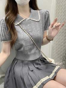 Peter Pan Collar Puff Sleeve Knit Sweater For Women, Sweet & Versatile Top, Summer 2025 New Arrival - Grey - View 1