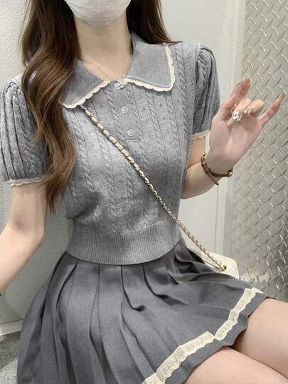 Peter Pan Collar Puff Sleeve Knit Sweater For Women, Sweet & Versatile Top, Summer 2025 New Arrival