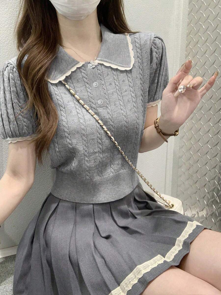Peter Pan Collar Puff Sleeve Knit Sweater For Women, Sweet & Versatile Top, Summer 2025 New Arrival - Grey - View 1