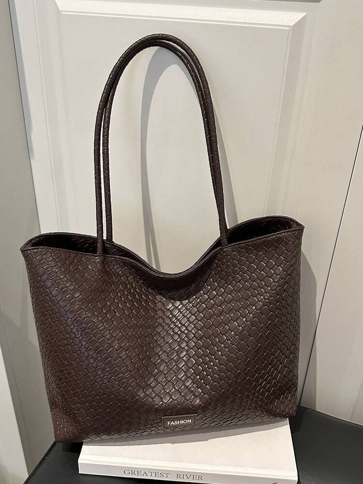 复古大容量纯色女士单肩包，多功能斜挎包，女士单肩包，大容量斜挎手提包，休闲工作包 - 咖啡 - 查看 6