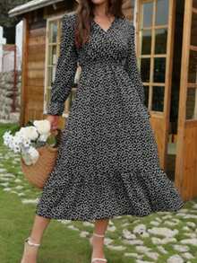 Women's Polka Dot V-Neck Dress - Light Luxury Mature Style Waist-Cinched Flared Sleeve, Spring Fall Summer Print Elegant Versatile Maxi Dress - 黑色 - 查看 5