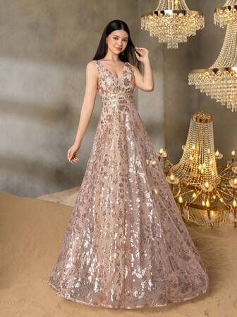 Alisa&Leo Elegant Sleeveless V-Neck A-Line Formal Gown For Teens: Perfect For Galas, Pageants, Black-Tie Dinners & Red Carpet Events - Sophisticated Evening Wear With Floral Patterns For Proms, Debutante Balls, Charity Functions, Award Ceremonies And Luxury Weddings