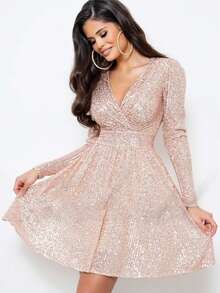 女士优雅闪亮亮片深V领短款A字连衣裙，长袖设计，是派对和夜店的完美之选。 - 粉色 - 查看 3