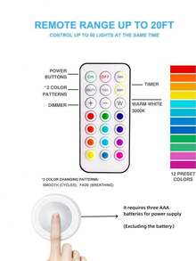 1/3/6pcs Convenient Stick On Puck Lights With Remote Control, Battery Operated LED Push Light Wireless, 12 Color RGB - For Closet, Bedroom Wall, Under Cabinet, Battery Powered Puck Lights. - Multicolor - View 8