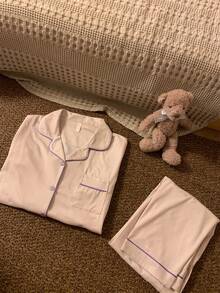 2pcs Women Striped Pajama Set, Purple & Pink, Button-Up Long Sleeve Top And Loose Pants, Comfortable Sleepwear For Home Use, Suitable For Spring And Autumn, Fall Winter Clothes