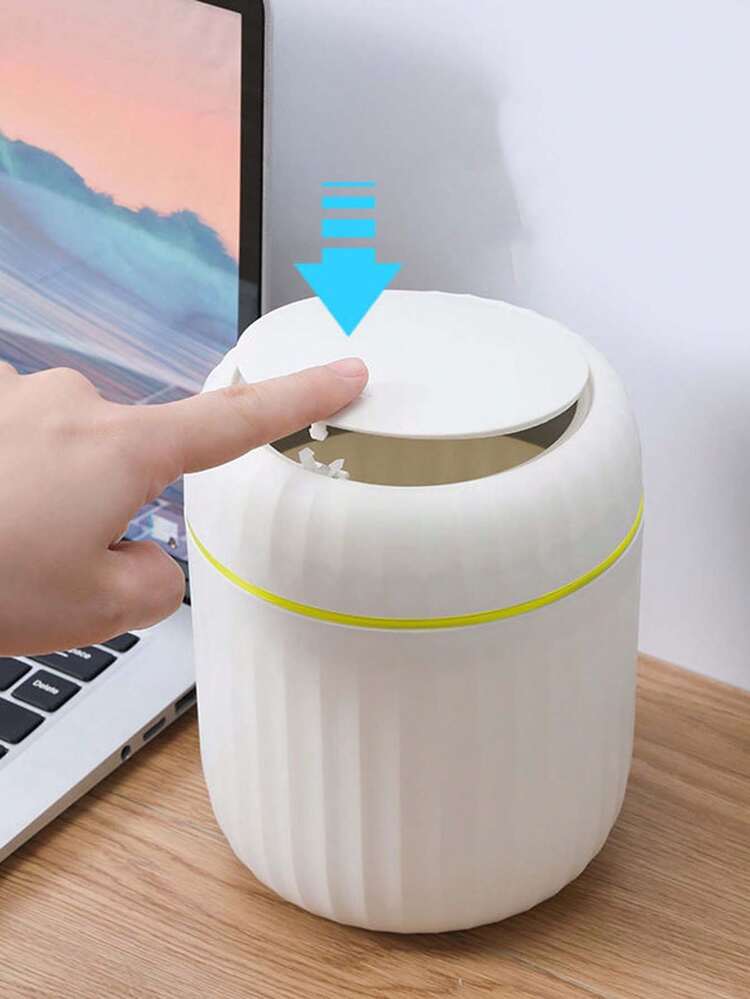 1Pc Mini Garbage Bin, Covered Small Trash Can, Desktop Trash Can, Plastic Desktop Waste Paper Basket, Swing-Top Design To Prevent Odor Leakage, Used For Storing Fruit Peel And Paper Scraps On Desk To Keep Tidy, For Bathroom, Home Office Desk Decor,Coffee Table, Office, Living Room, Study - Multicolor - View 2
