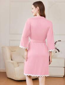 Women Kimono Robe 3/4 Sleeves Loungewear Dress Knee Length Sleepwear Pockets Housecoat Short Bathrobe S-XXL - 藏蓝色 - 查看 10