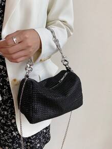 Shiny Rhinestone Hollow Metal Chain Decor Zipper Closure Women's Shoulder Bag