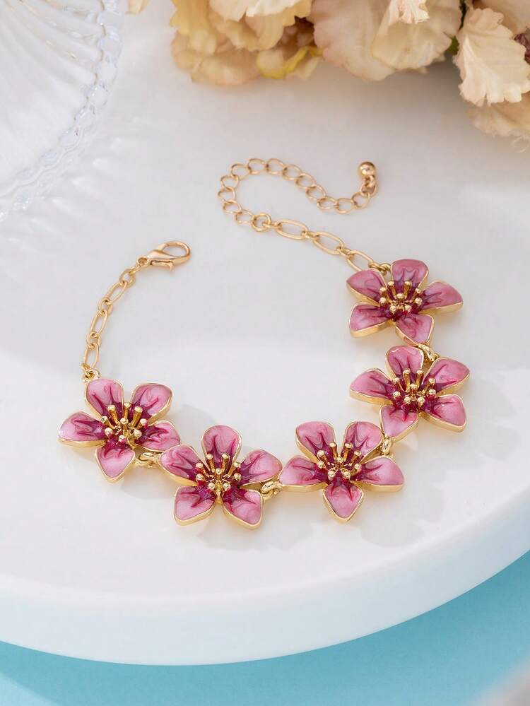 1pc Handmade Gradient Dip-Dye Pink 5-Petal Flower Anklet, Retro Vibe, Suitable For Vacation, Travel, Date, Daily Wear, Elegant Women Jewelry - Pink - View 3