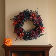 1个逼真的万圣节花环，黑色树枝搭配深红色花朵，风格神秘。适合万圣节装饰，可悬挂于前门、客厅墙壁，或用作摄影道具，营造幽灵般的氛围。免维护，持久耐用，造型独特精致，为空间注入独特的节日氛围。 - 黑色 - 查看 3