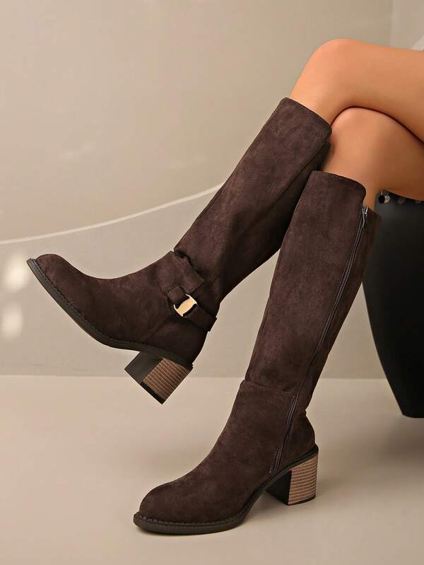 2025 Autumn/Winter New Vintage Over-The-Knee High Shaft Riding Boots For Women, Thick Heel Long Boots With Belt Buckle, Cowboy Western Boots