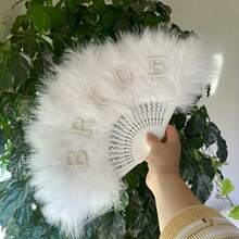 1pc White Feather Non-Folding Fan (13.38inch/15.75inch/18.9inch), Bridal Fan, Faux Pearl & "Bride" Letter Decor Fan, Bridal Shower Decoration Gift, Bachelorette Party Wedding Decor, Photography Prop