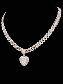 1 mặt dây chuyền hình trái tim Cubic Zirconia & dây chuyền xích 9mm, dây chuyền mặt dây chuyền phong cách Hip Hop dành cho nữ, dây chuyền mặt dây chuyền hình trái tim cổ điển thời trang, thích hợp để đeo hàng ngày hoặc dự tiệc, quà tặng ngày lễ tình nhân - Bạc - Xem 2