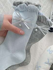 1双夏季薄款甜美珍珠纯色蝴蝶结袖口女士袜子 - 彩色 - 查看 4