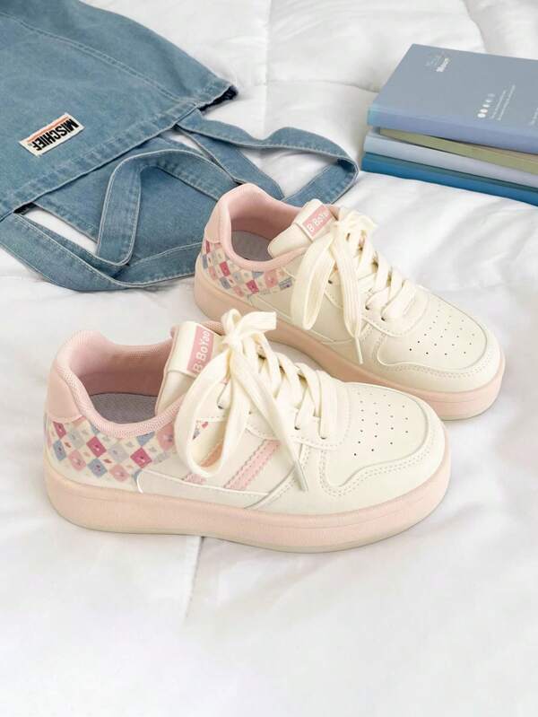 1 par de zapatillas planas casuales para adolescentes, zapatos deportivos de moda para niñas, zapatos casuales con cordones y bloques de color, adecuados para todas las estaciones