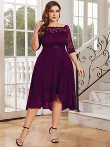 MIUSOL Plus Off Shoulder Floral Lace Half Sleeve Ruffle Hem Prom Party Swing Dress, Autumn Dress, Fall Dress, For Wedding Guest, Graduation, Dinner