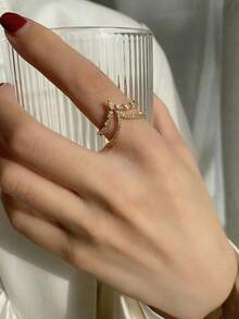 皇冠形奢华方晶锆石金戒指，可调节开口设计，适合女性婚礼派对佩戴和节日礼物 - 金色 - 查看 5