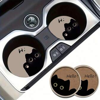 2pcs Cat Car Cup Holders, 2.8 Inch Round Decorative Car Cup Mats, Home And Auto Drink Coasters, Unisex Car Interior Accessories, Decorative Coasters, Suitable As Gifts For Family And Friends On Holidays And Birthdays