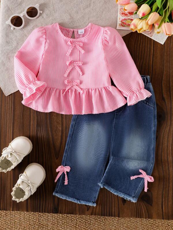Set de 2 piezas de blusa de manga larga casual y pantalones vaqueros con detalles de volantes, moños, rayas y mariposas para niña bebé