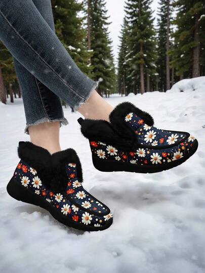 Women's Winter Fur-Lined Snow Boots, Ultra Warm, Cozy And Comfortable, Soft Floral Slip-Ons, Slip-Resistant Sole, Ideal For Cold Weather
