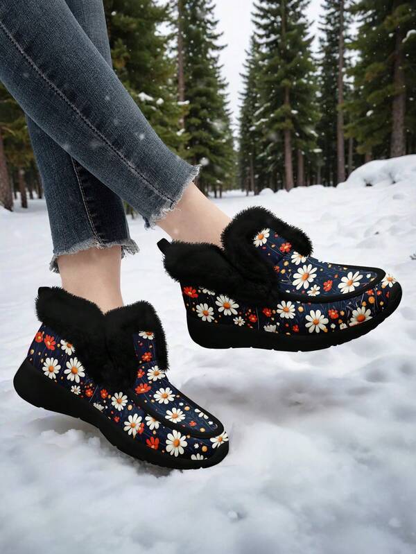 Women's Winter Fur-Lined Snow Boots, Ultra Warm, Cozy And Comfortable, Soft Floral Slip-Ons, Slip-Resistant Sole, Ideal For Cold Weather