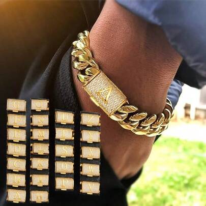 putouzip Pulseras gruesas de eslabones cubanos para hombre, de acero inoxidable chapado en oro de 18 quilates, estilo punk, exagerado y grande. Pulsera para hombre con inicial de la A a la Z y diamantes de imitación tallados de 14 mm.