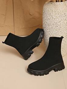 New Plus Size Women's Boots, Elastic Sock Boots, Casual High-Top, Breathable, Lightweight, Knitted Mid-Calf, Thick Sole, Outdoor, Vacation, Stitching, Solid Color, Comfortable, Daily, Non-Slip, Outdoor, Party, Polyurethane Sole, Soft, Not Heavy, Not Tiring, Outdoor - Black - View 7