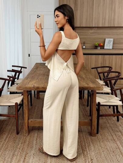 Conjunto de top sin espalda con cuello cuadrado y pantalones de unicolor con lazo trasero para mujer
