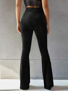 休闲罗纹设计喇叭裤，秋季新品，裤子，喇叭裤 - 黑色 - 查看 3