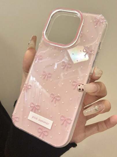 Cute Simple Pink Bow Polka Dots Phone Case Compatible With Iphone 17 ProMax 17Pro 17 Air 17 16 15 14 13 12 11 Pro Max Plus Soft Protective Back Cover For Girl Gift