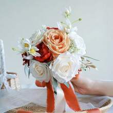 Dusty Blue Wedding Bouquets For Bride Bridesmaid, White Wedding Artificial Roses Flowers For Wedding Bouquets Ceremony, Anniversary - Burnt Orange - View 7