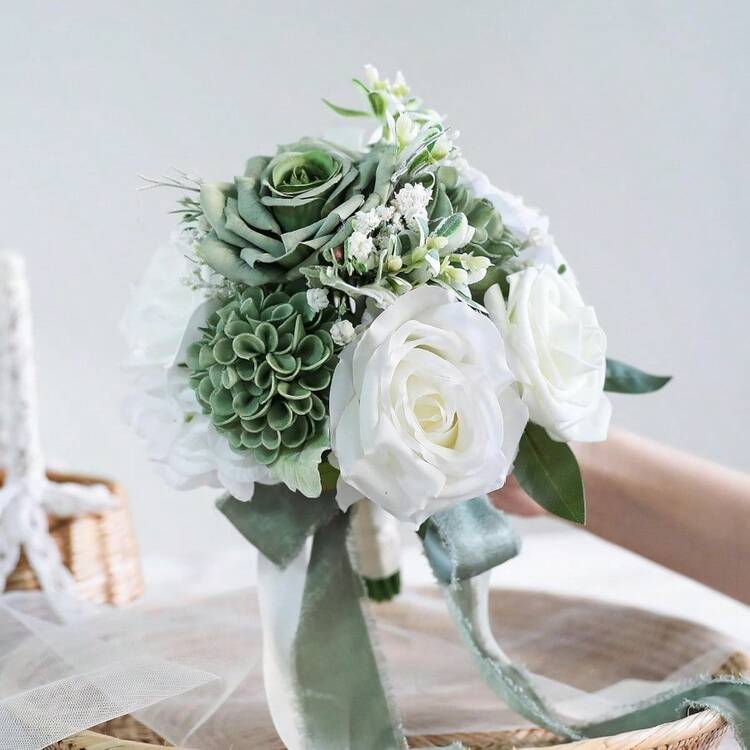Dusty Blue Wedding Bouquets For Bride Bridesmaid, White Wedding Artificial Roses Flowers For Wedding Bouquets Ceremony, Anniversary - Sage Green - View 7