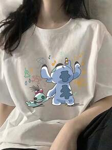 Women's Stitch T-Shirt - Anime Graphic T-Shirt, Casual Cute Street Fashion, Stylish Summer Clothes - 白色 - 查看 1