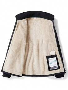 Men's Solid Color Simple Casual Zip-Up Jacket With Thermal Lined For Outdoor, Plush And Thickened Jackets,Men Winter Clothes,With Pockets, Suitable For Boyfriend/Husband Everyday Wear, Autumn/Winter - 黑色 - 查看 2