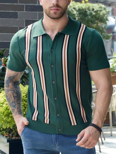 Men's Short Sleeve Knitted Button Down Polo Collar Striped Sweater Casual Fashion Spring Summer Daily Wear Outdoor Streetwear Club Party Wear Men Knit Shirt Classic Fit Stylish Men's Top Crewneck Knitwear Lightweight Men's Clothing Versatile Men's Apparel Regular Fit Men's Sweater Short Sleeve Knit Cardigan For Men Men's Fashion Item