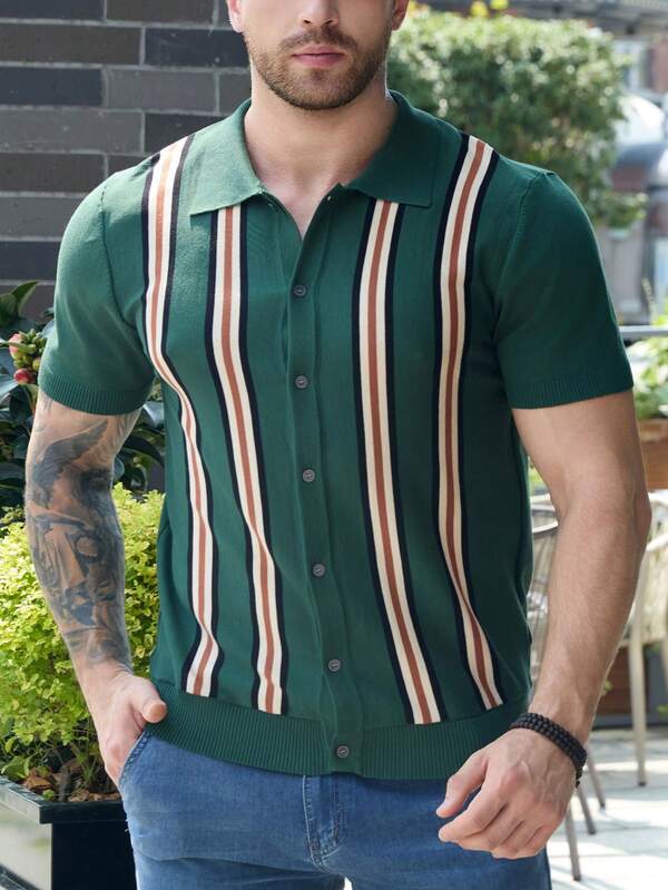 男士短袖针织纽扣领 Polo 领条纹毛衣 休闲时尚 春夏日常装 户外街头装 俱乐部派对装 男士针织衬衫 经典版型 时尚男士上衣 圆领针织衫 轻便男装 百搭男士服饰 常规版型男士毛衣 男士短袖针织开衫 男士时尚单品