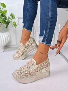 Slimming Lace Mesh Breathable Lightweight Sneakers With Glitter Wedge Heel, For Spring/Summer - Gold - View 4