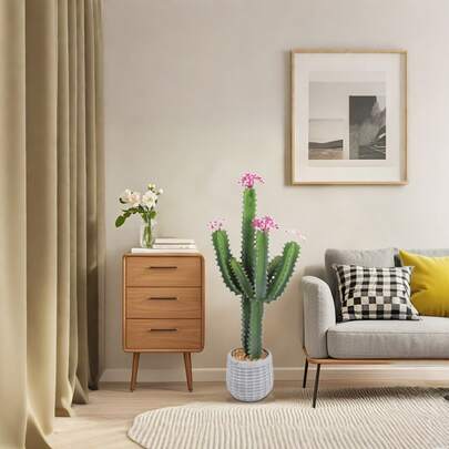 Cactus artificial de 90 cm, gran cactus artificial del desierto en maceta con flores, textura realista, decoración para el hogar, jardín, oficina y regalos de inauguración.
