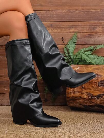 Women's Fashion Chunky Heel Knee-High Smooth Shaft Boots, Pointed Toe Buckle Straight Tube Leather Boots, Black Knee-High Slip-On Boots, Autumn/Winter