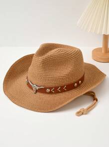 1pc Wide Brimmed Straw Hat, Sun Protection Western Cowboy Hat/Cowboy Hat, Summer Beach Sun Protection Rope Hat, Portable Folding Design - Panama Straw Hat - View 15