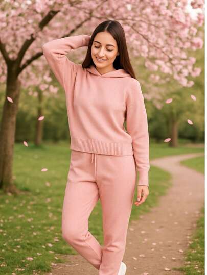 HPC POLO Conjunto de Pants y Sudadera para Mujer – Tejido de Punto Elegante y Ligero, 2 Piezas con Manga Larga y Gorro, Bonito y Cómodo para Estilo Casual o Diario