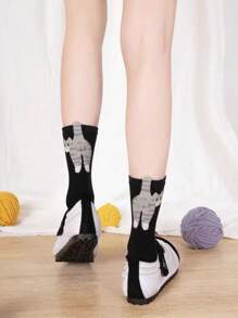 2 双随机猫咪和铃铛图案休闲中筒袜，有趣又可爱，适合夏季和秋季 - 彩色 - 查看 2