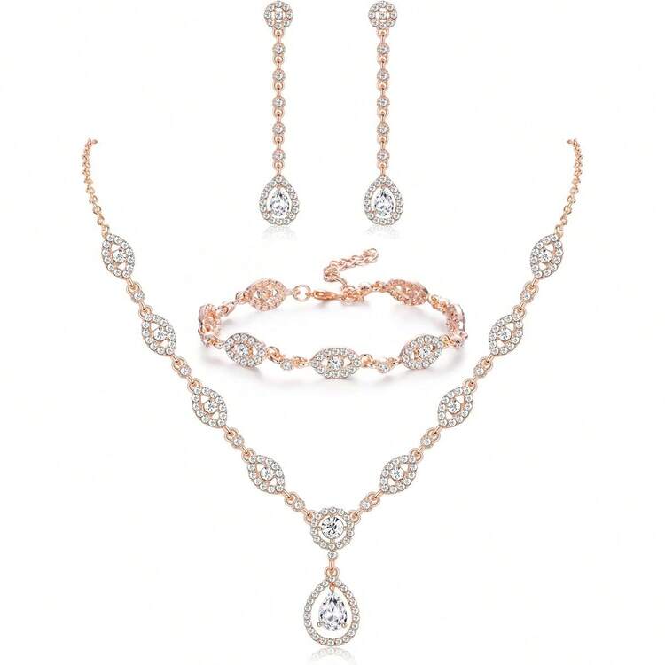 Milacolato Wedding Bridal Jewelry Set For Women Silver Prom Costume Jewelry Sets Rhinestone Crystal Teardrop Necklace Earrings Bracelet Bridesmaid Jewelry Accessories Blue Silver Red Rose Gold - 彩色 - 查看 14