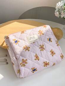 1 PC Pink Striped Bear Make Up Bag,Halloween,Trick Or Treat,Fashionable And Casual Large Capacity Portable Zipper Makeup Bags,Travel Storage Stationery Storage,Vacation Essentials Cosmetic Bags For Pouch Pads,Wired Earphones,Earpods,Headphones,Charger,Lipsticks,Cosmetics,Perfume,Skin Care And Beauty Products,Home Decor,For Mom,Women,Nurses,Students,School Girls,Keys,Holiday Gifts