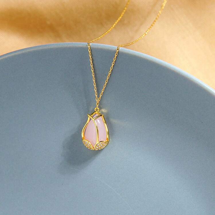 Tulip Dream Crystal Necklace For Women Casual Fashion Collarbone Chain New Noble Elegant Unique Inlaid Diamond Choker - 粉色 - 查看 4