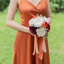 Dusty Blue Wedding Bouquets For Bride Bridesmaid, White Wedding Artificial Roses Flowers For Wedding Bouquets Ceremony, Anniversary - Burnt Orange & Burgundy & Cream - View 3