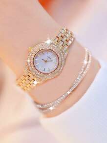 3 件时尚闪亮全钻女士钢带石英表，配有简约的圆形表盘，搭配镶钻珠宝手链套装，适合在节日、聚会、日常生活等场合佩戴。