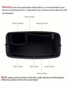 (Inner Lining Bag Only) Felt Zipper Tote Bag Organizer With Cup Holder, 8 Compartments, Suitable For Medium And Other Bag Types - Black - View 3